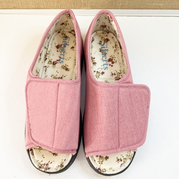 Like New Silvert’s Adaptive Open Toe Diabetic Shoes Pink Floral Slip On Size 9 - Picture 5 of 14